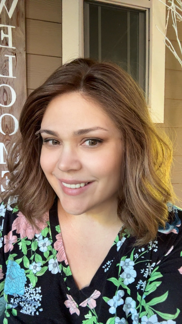 brunette short 14 inch wig with face framing layers