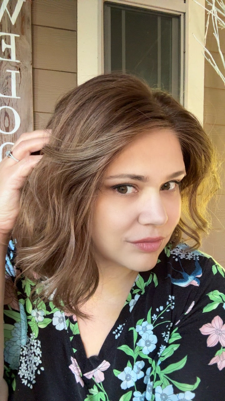 natural looking brunette wig with highlights